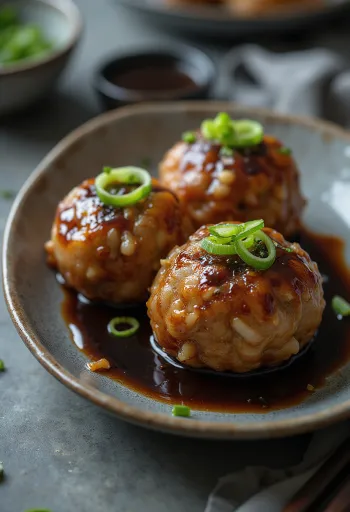 Tsukune com raiz de lótus, almôndegas de frango douradas servidas com molho de soja e cebolinho