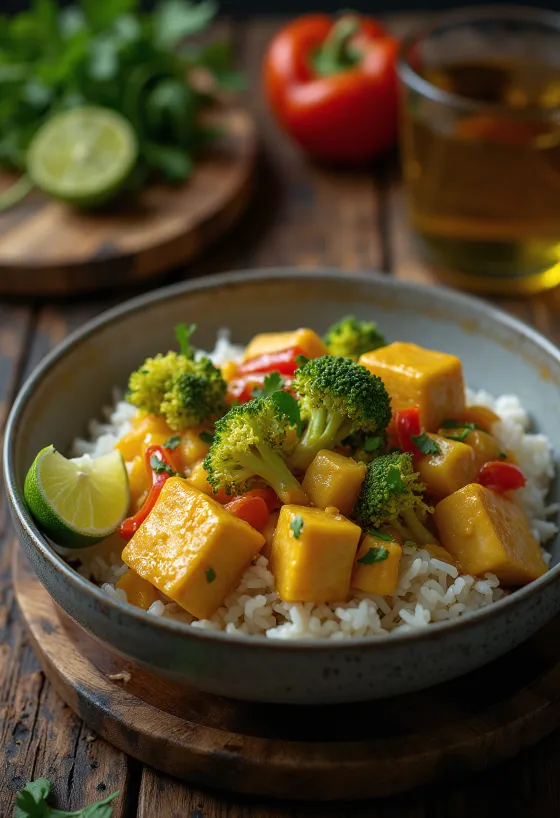 Caril de legumes com tofu e arroz