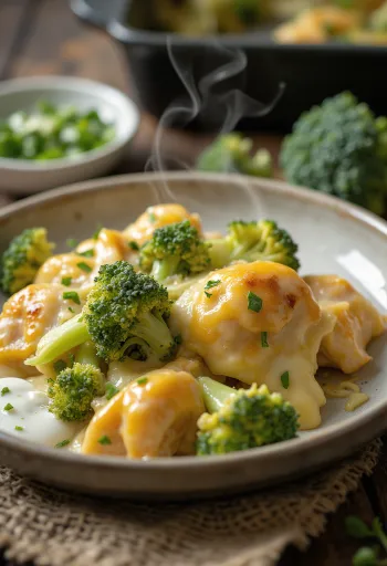Gratinado de frango com brócolos com filetes de peito de frango suculentos e queijo derretido no topo