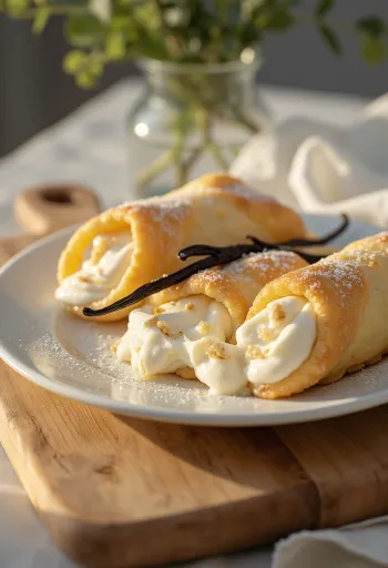 Cannoli com massa crocante, recheado com creme de ricota de baunilha