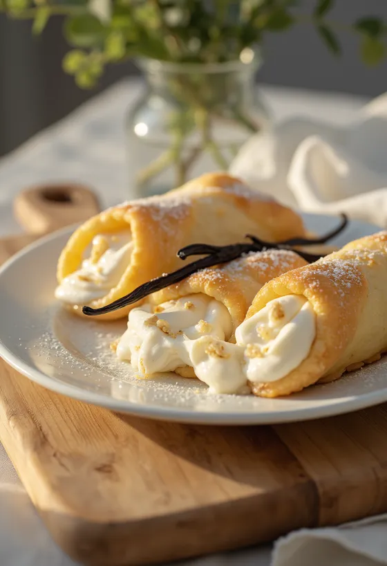 Cannoli com massa crocante, recheado com creme de ricota de baunilha