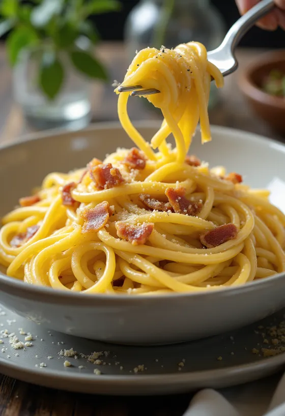 Carbonara com bacon servida