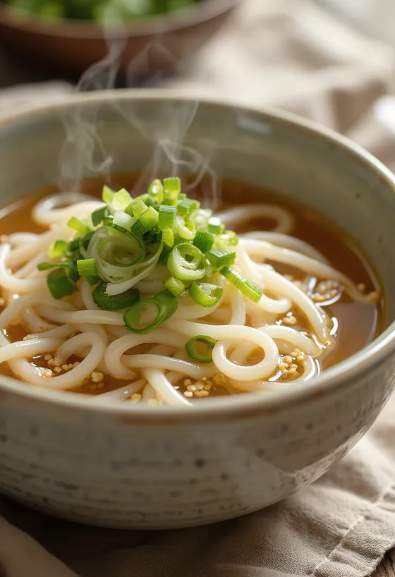 Kake udon servido em tigela, sopa udon básica em caldo dashi, decorada com cebolo fresco e sementes de sésamo