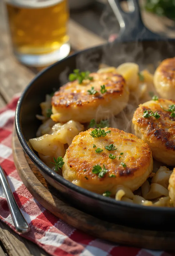 Bubble and squeak clássico servido, com camada dourada e estaladiça