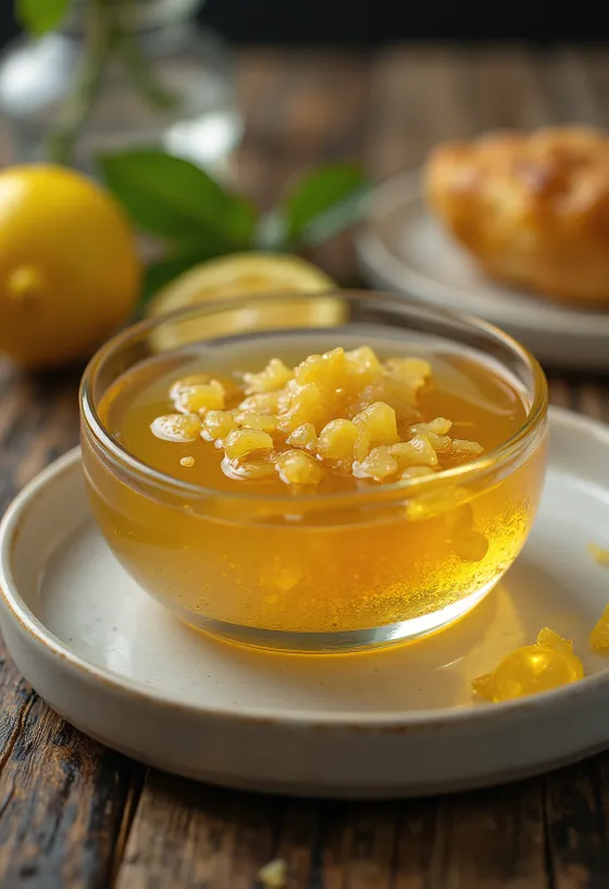Cobertura de mel e limão com gengibre numa taça, decorada com fatias de limão e gengibre.