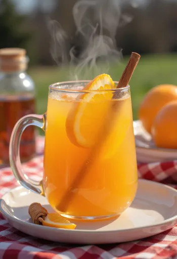 Tacho com ponche quente de laranja, rodelas de citrinos e especiarias
