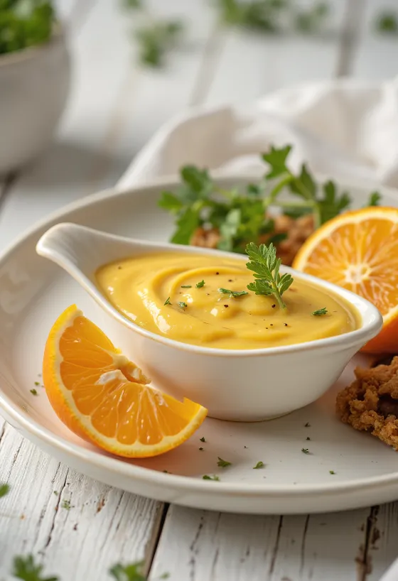 Molho de mostarda e laranja cremoso numa molheira