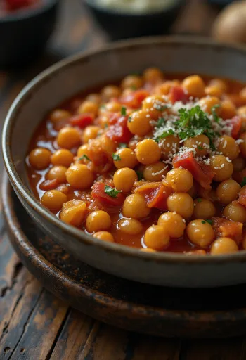Estufado de grão-de-bico com tomate servido