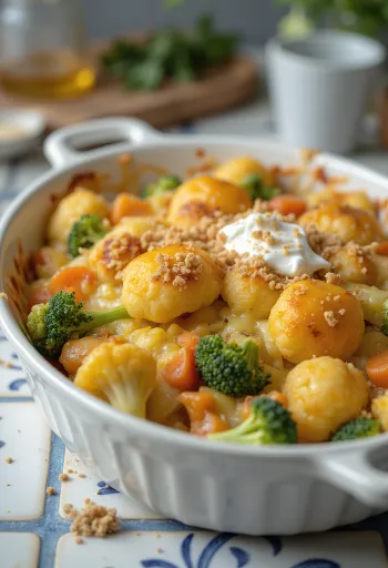 Legumes gratinados assados até ficarem macios, com molho cremoso e queijo derretido no topo