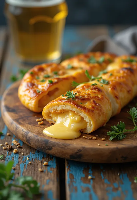 Stromboli com queijo fumado servido, com rico queijo fumado por cima, estaladiço por fora e macio por dentro.