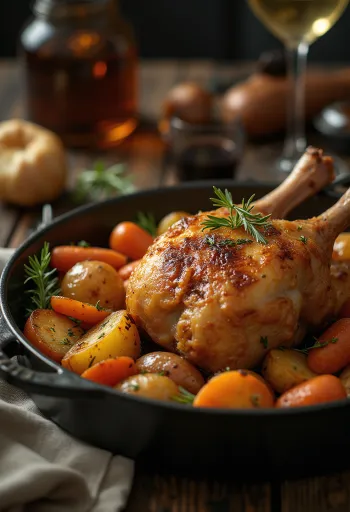 Coxa de pato assada com pele estaladiça e legumes assados