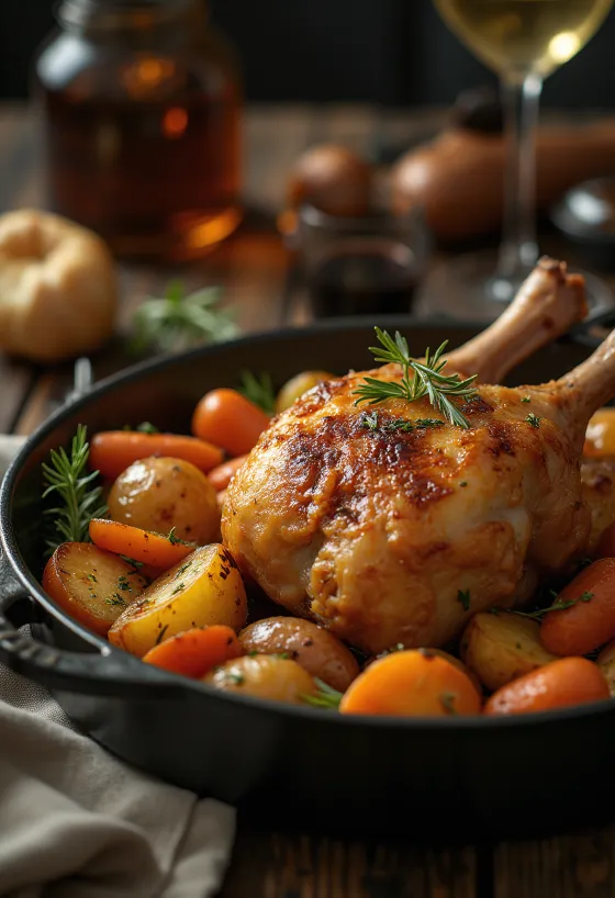 Coxa de pato assada com pele estaladiça e legumes assados