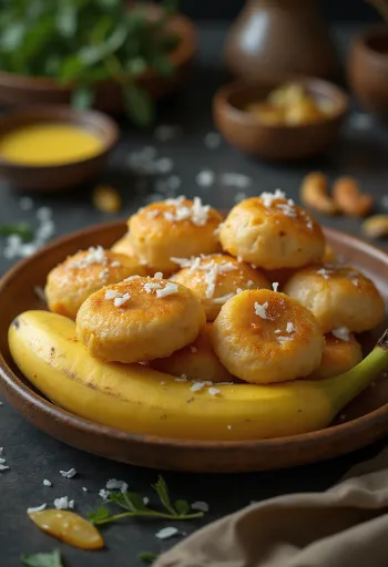 Unni appam, com banana e coco ralado, frito até dourar