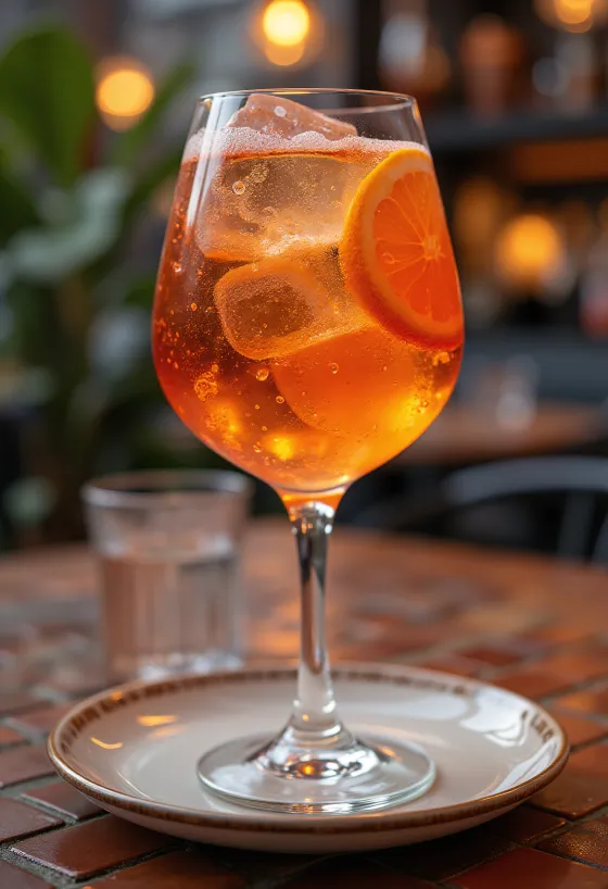 Aperol Spritz decorado com fatia de laranja e cubo de gelo em copo de vinho