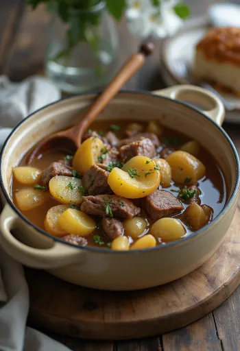 Baeckeoffe ragu de carne francês com vinho servido