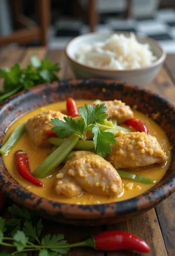 Bicol Express com feijão-alado servido com pasta de camarão e coentros