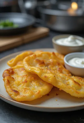 Lángos de batata frito dourado servido com natas azedas com alho e queijo ralado.
