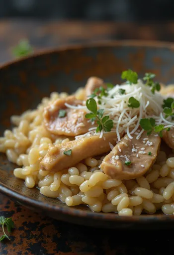 Risoto de fígado de frango servido com parmesão e salsa