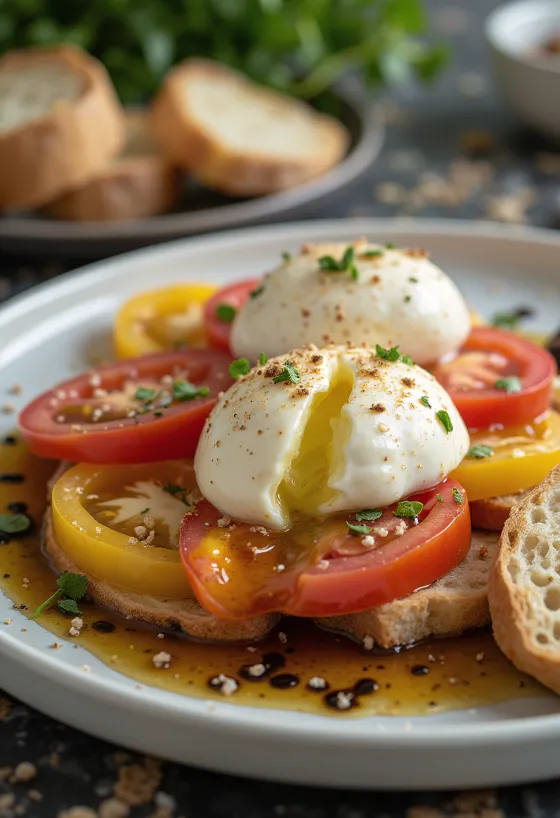 Salada de burrata clássica servida com tomate fresco, azeite e manjericão.