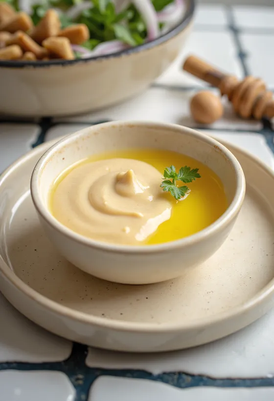 Molho de tahini com mel e gengibre servido