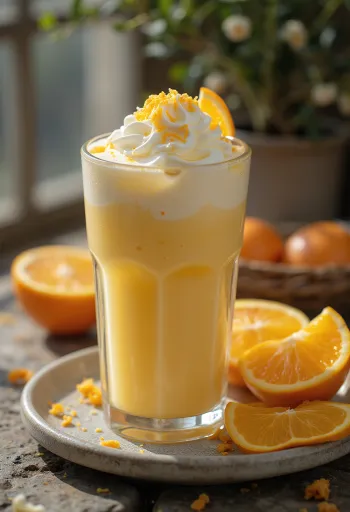Copo alto com frappé gelado de café, decorado com natas e raspas de laranja