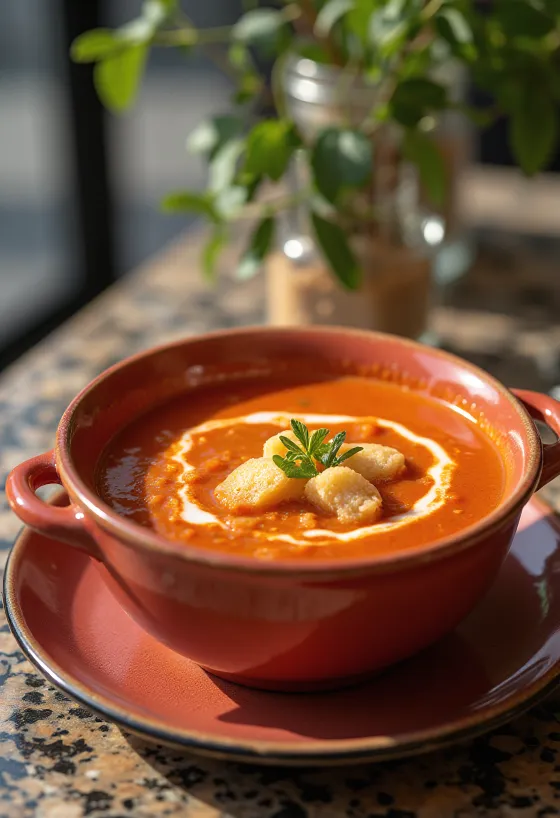 Sopa de tomate cremosa com cor avermelhada, servida em prato branco