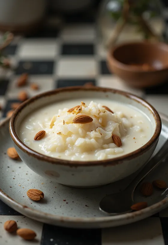 Sobremesa de arroz kheer decorada com amêndoas e cardamomo
