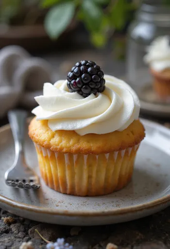 Cupcakes com cobertura lilás e amoras frescas escuras