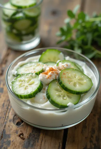 Salada de pepino fresca com natas azedas, alho e polvilhada com colorau, servida em taça branca.