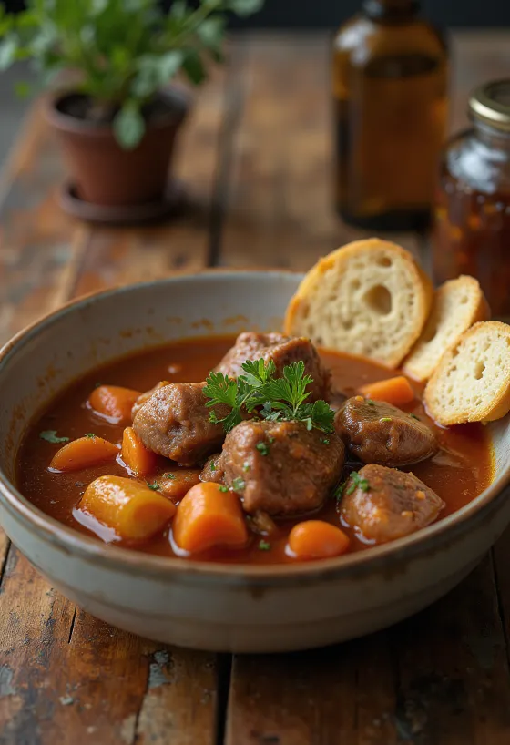 Thareed com carne fumada, servido com coentros frescos, com cubos de pão