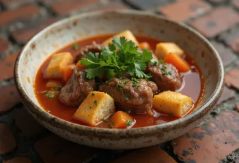 Thareed com carne fumada, servido com coentros frescos, com cubos de pão