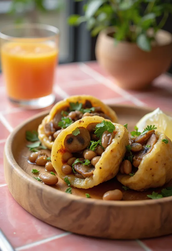 Acarajé com cogumelos em massa frita dourada