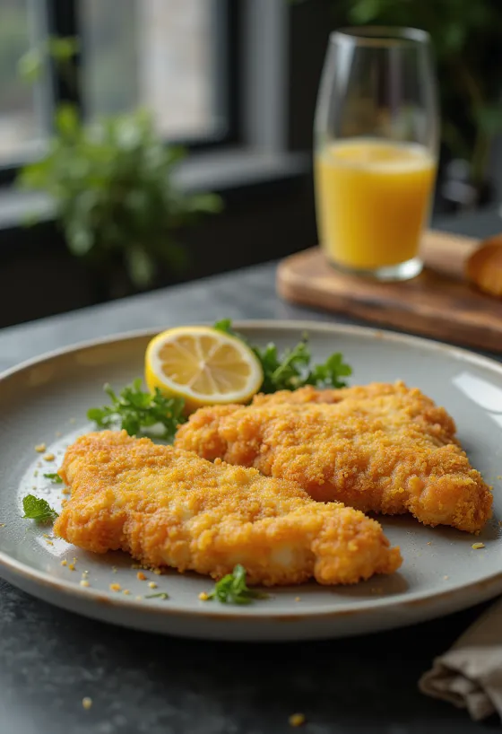 Schnitzel de Viena crocante servido com limão e batatas com salsa
