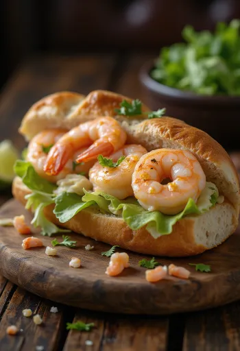 Bocadillo com camarão, camarão, maionese, lima e alface iceberg na baguete fresca