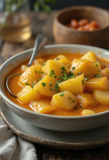 Ensopado de batata em molho cremoso de natas, polvilhado com salsa fresca