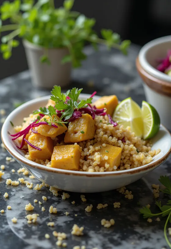Caril de quinoa com tofu, beterraba e lima servido