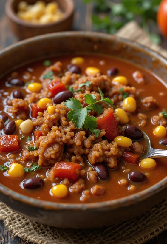 Chili com carne servido com arroz e tortilhas