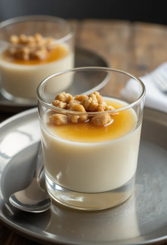Panna cotta de mel e noz servida