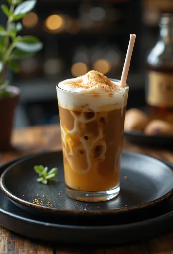 Copo alto com frappé de café espumoso e palhinha