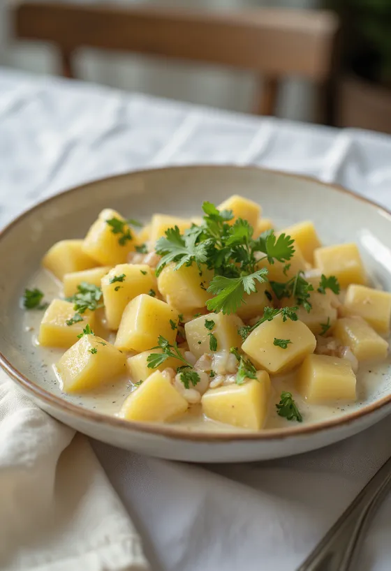Batatas cozidas em cubos com molho branco e coentros picados