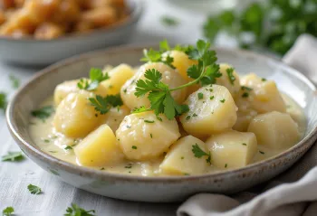 Batatas cozidas em cubos com molho branco e coentros picados