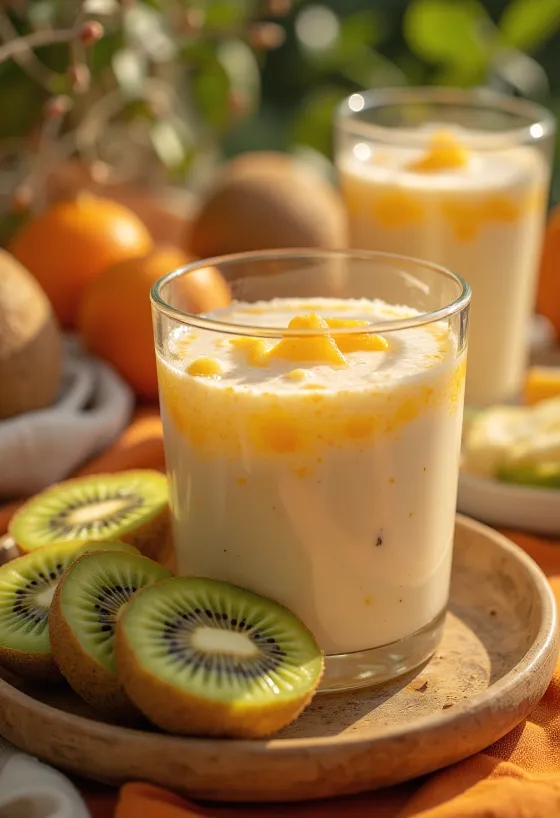 Kefir probiótico de kiwi e laranja, bebida refrescante e saudável