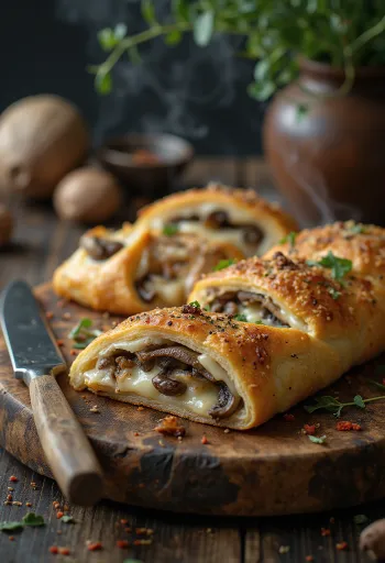 Stromboli com cogumelos servido, com rico cogumelos e mozzarella derretida por cima, estaladiço por fora e macio por dentro.