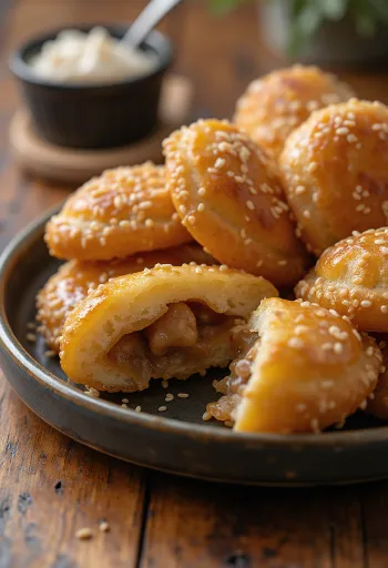 Hotteok com sementes de sésamo – doce coreano achatado, frito até ficar dourado, com recheio crocante