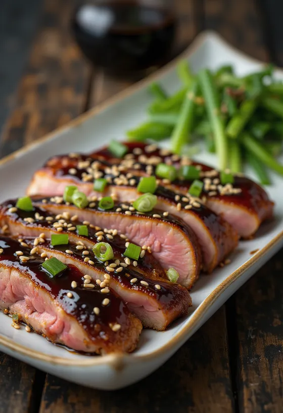 Pato Teriyaki, peito de pato estilo japonês com molho e sementes de sésamo