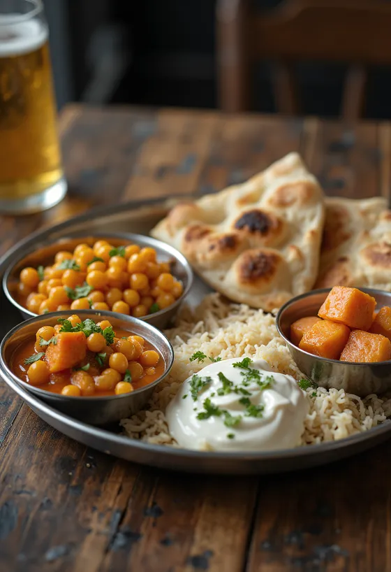 Thali estilo Punjabi servido com pão naan, arroz e frango tandoori
