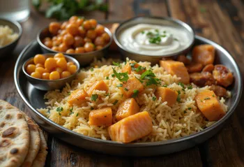 Thali estilo Punjabi servido com pão naan, arroz e frango tandoori