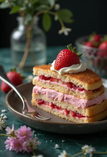 Bolo recheado com creme de morango decorado com morangos frescos