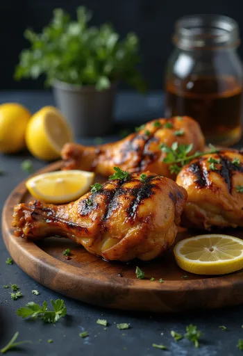 Coxa de frango grelhada até dourar, com pele crocante e decorada com ervas frescas