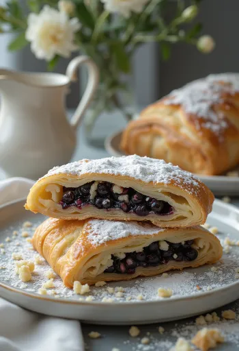 Strudel de papoila recém-assado com massa crocante, cortado em fatias, polvilhado com açúcar em pó.